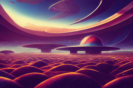 Colorful Cyberpunk metaverse city background. Concept art, Digital painting. Fantasy illustration.の素材