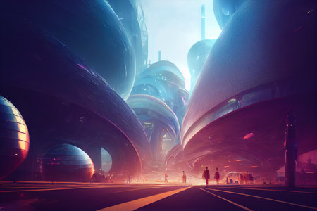 Colorful futuristic Cyberpunk metaverse city background. Concept art, Digital painting. Fantasy illustration.の素材