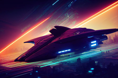 Cyberpunk Futuristic space ship. Logistics of the future, modern retro wave technologies With neon backlight contours, cyberpunk city view.の素材