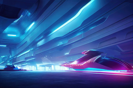 Cyberpunk Futuristic space ship. Logistics of the future, modern retro wave technologies With neon backlight contours, cyberpunk city view.の素材