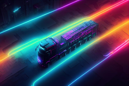 Futuristic retro wave synth wave car. big truck. Retro truck with neon backlight contours. digital painting illustration.の素材