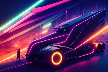 Futuristic retro wave synth wave car. big truck. Retro truck with neon backlight contours. digital painting illustration.の素材