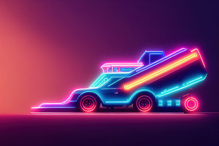 Futuristic retro wave synth wave car. big truck. Retro truck with neon backlight contours. digital painting illustration.の素材
