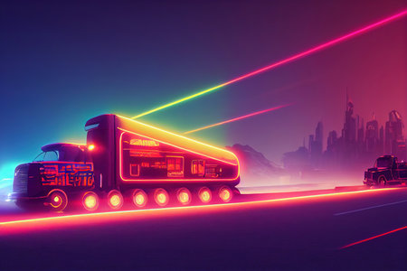 Futuristic retro wave synth wave car. big truck. Retro truck with neon backlight contours. digital painting illustration.の素材