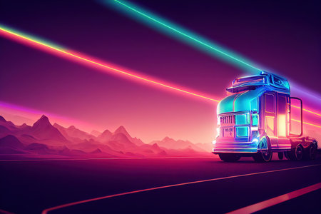 Futuristic retro wave synth wave car. big truck. Retro truck with neon backlight contours. digital painting illustration.の素材