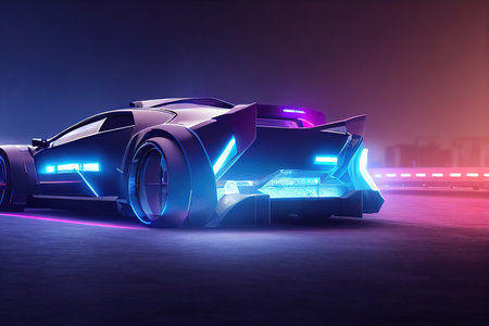 Futuristic retro wave synth wave car. Retro sport car with neon backlight contours. digital painting illustration.の素材