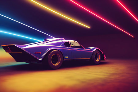 Futuristic retro wave synth wave car. Retro sport car with neon backlight contours. digital painting illustration.の素材