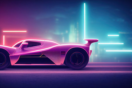 Futuristic retro wave synth wave car. Retro sport car with neon backlight contours. digital painting illustration.の素材
