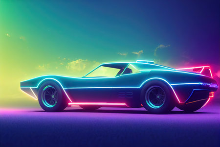 Futuristic retro wave synth wave car. Retro sport car with neon backlight contours. digital painting illustration.の素材