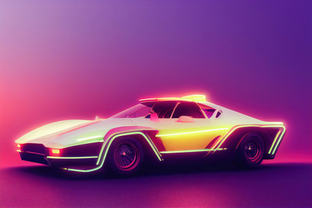 Futuristic retro wave synth wave car. Retro sport car with neon backlight contours. digital painting illustration.の素材
