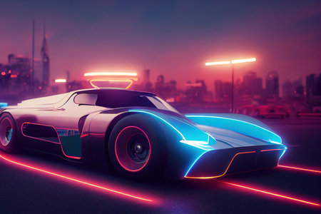 Futuristic retro wave synth wave car. Retro sport car with neon backlight contours. digital painting illustration.の素材