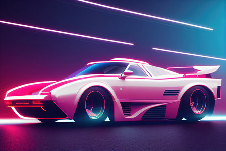 Futuristic retro wave synth wave car. Retro sport car with neon backlight contours. digital painting illustration.の素材