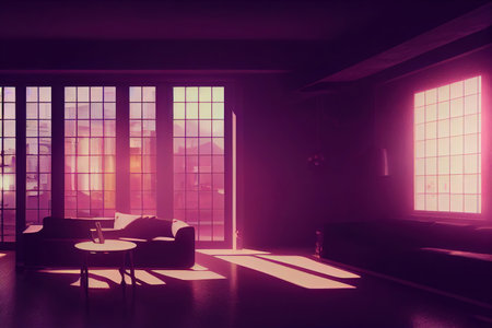 beautiful home cyberpunk interior in anime style With neon backlight contours, View from the window, cyberpunk city view. digital painting illustration.の素材