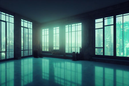beautiful home cyberpunk interior in anime style With neon backlight contours, View from the window, cyberpunk city view. digital painting illustration.の素材