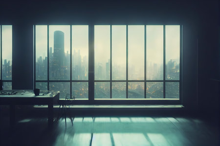 beautiful home cyberpunk interior in anime style With neon backlight contours, View from the window, cyberpunk city view. digital painting illustration.の素材