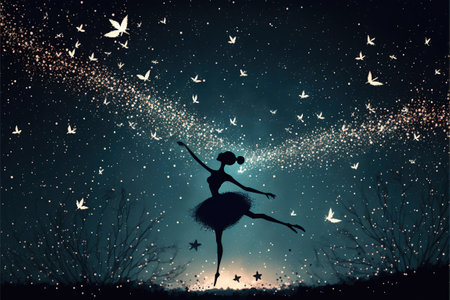 The ballerina is dancing. A ballerina dancing against the background of the night sky with fireflies. Digital art style, illustration painting.の素材