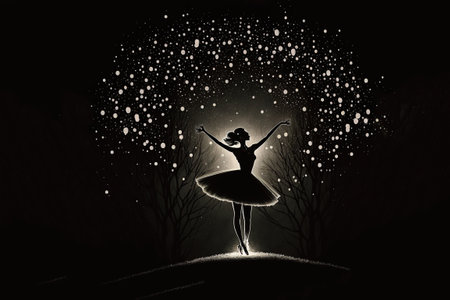 The ballerina is dancing. A ballerina dancing against the background of the night sky with fireflies. Digital art style, illustration painting.の素材