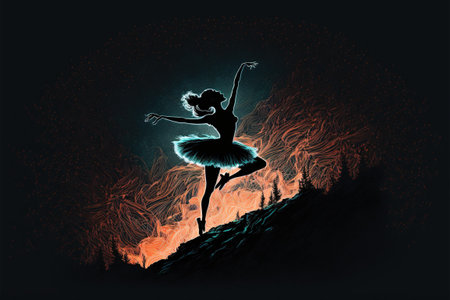 The ballerina is dancing. A ballerina dancing against the background of the night sky with fireflies. Digital art style, illustration painting.の素材