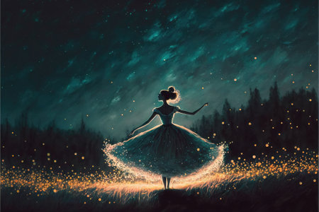 The ballerina is dancing. A ballerina dancing against the background of the night sky with fireflies. Digital art style, illustration painting.の素材