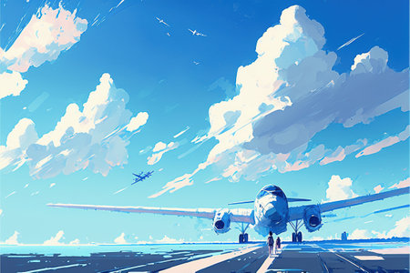 Blue sky with clouds. Blue sky with clouds in manga, anime, comic style. Digital art style, illustration painting.の素材
