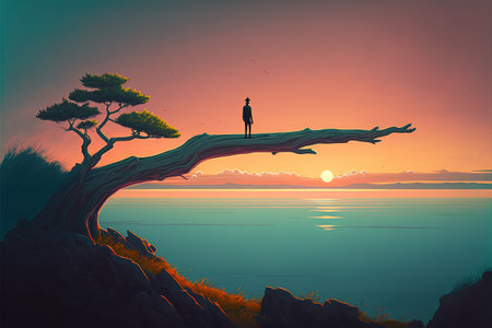 A man near a tree looks at the sunset. Man standing on a giant branch looking at sunset on the horizon. Digital art style, illustration painting.の素材