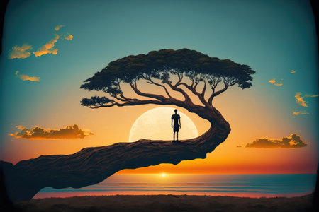 A man near a tree looks at the sunset. Man standing on a giant branch looking at sunset on the horizon. Digital art style, illustration painting.の素材