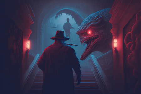 man with weapons. Monster on stairs. Man with a gun walks up the stairs and looks at monster. Digital art style, illustration painting.の素材