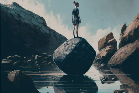 A woman near the river. Woman standing on creek looking at the mystery rock floating in midair. Digital art style, illustration painting.の素材