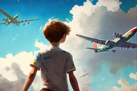 The boy flying in the sky with the planes. A boy who imagines he's a pilot. Digital art style, illustration painting.の素材