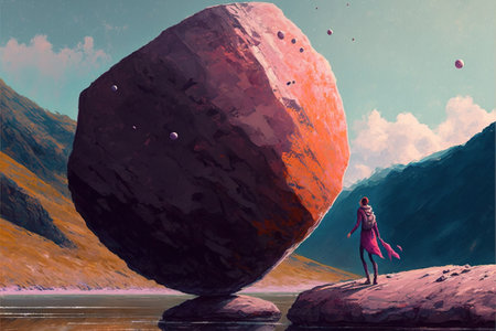 A woman near the river. Woman standing on creek looking at the mystery rock floating in midair. Digital art style, illustration painting.の素材