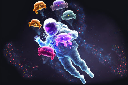Astronaut with jellyfishes. Astronaut floating with glowing jellyfishes in space. Digital art style, illustration painting.の素材