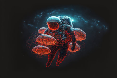 Astronaut with jellyfishes. Astronaut floating with glowing jellyfishes in space. Digital art style, illustration painting.の素材