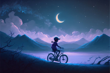 Boy on bicycle under the moon. Night adventure of a little rider, the boy on bicycle looking at the crescent moon in the beautiful sky. Digital art style, illustration painting.の素材