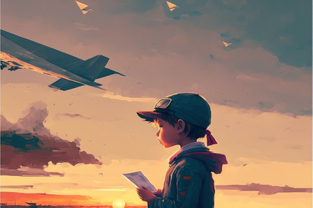 boy playing near airplanes. The boy plays paper airplanes and looking at planes flying in the sunset sky. Digital art style, illustration painting.の素材