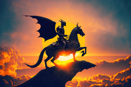 Knight on the dragon. The black knight riding the dragon flying. Digital art style, illustration painting.の素材