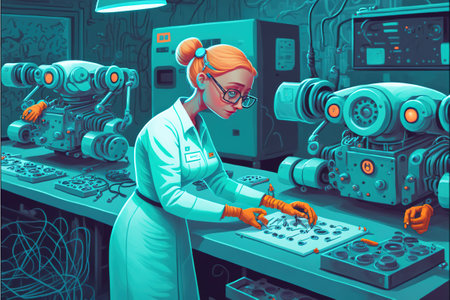 Woman robot on the factory. Female robot repairing itself in the factory. Digital art style, illustration painting.の素材