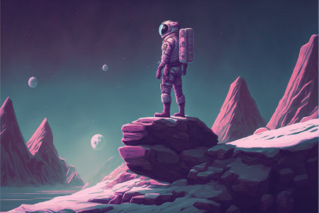 Astronaut on the hill. A spaceman standing on a hill surrounded by floating rocks. Digital art style, illustration painting.の素材