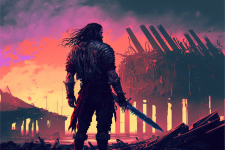 Warrior near the giant sword. A warrior standing at the abandoned port and looking at the broken giant sword. Digital art style, illustration painting.の素材