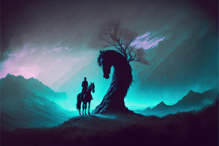 Man on the horse. Horseman and scary tree in the mysterious landscape. Digital art style, illustration painting.の素材