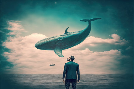 Man and a whale. Outer space journey concept showing a man looking at the giant whale flying in the beautiful sky. Digital art style, illustration painting.の素材
