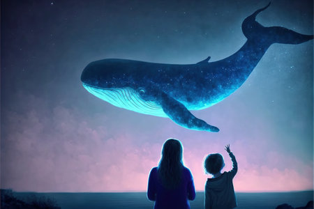 mother with her child. Mother and daughter looking at the whale with blue light flying in the night sky. Digital art style, illustration paintingの素材