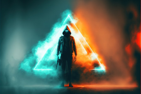 Man with the weapon. Man with the gun standing against smoke background with mysterious glowing triangle. Digital art style, illustration painting.の素材