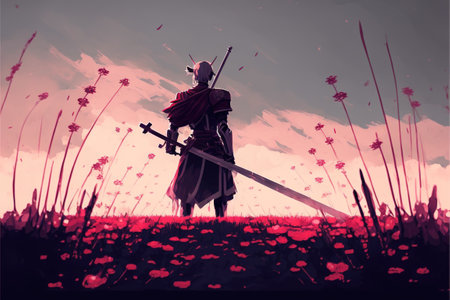 Samurai with the weapons. Samurai standing among the swords impaled on the ground in the flower fields. Digital art style, illustration painting.の素材