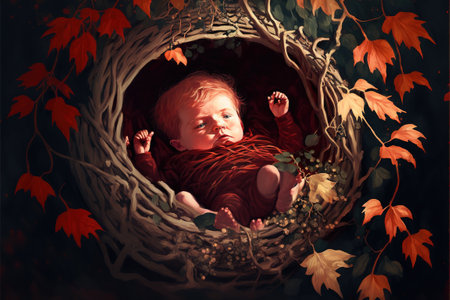 Little baby kid. The red newborn baby laying in thorn branches. Digital art style, illustration painting.の素材