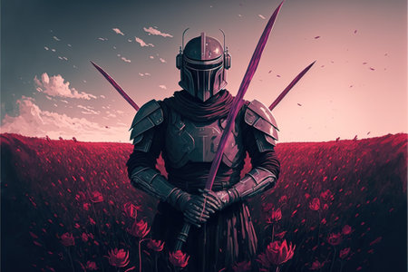 Samurai with the weapons. Samurai standing among the swords impaled on the ground in the flower fields. Digital art style, illustration painting.の素材