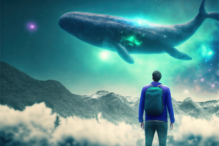 Man and a whale. Outer space journey concept showing a man looking at the giant whale flying in the beautiful sky. Digital art style, illustration painting.の素材