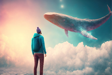 Man and a whale. Outer space journey concept showing a man looking at the giant whale flying in the beautiful sky. Digital art style, illustration painting.の素材