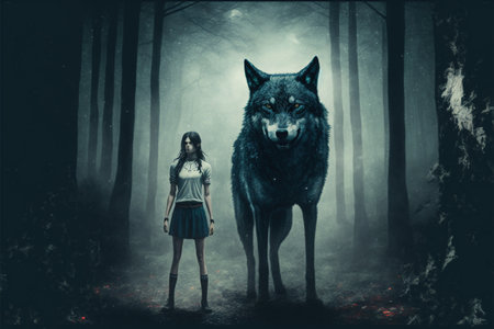 Girl in the forest with her wild pet. Wild girl with her wolf standing in the forest. Digital art style, illustration painting.の素材