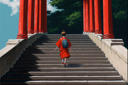 Man on the stairs. Young boy walking up the stairs to the Torii gate. Digital art style, illustration painting.の素材