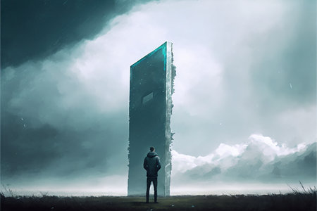 a man looking at the monolith floating in the sky, digital art style, illustration paintingの素材
